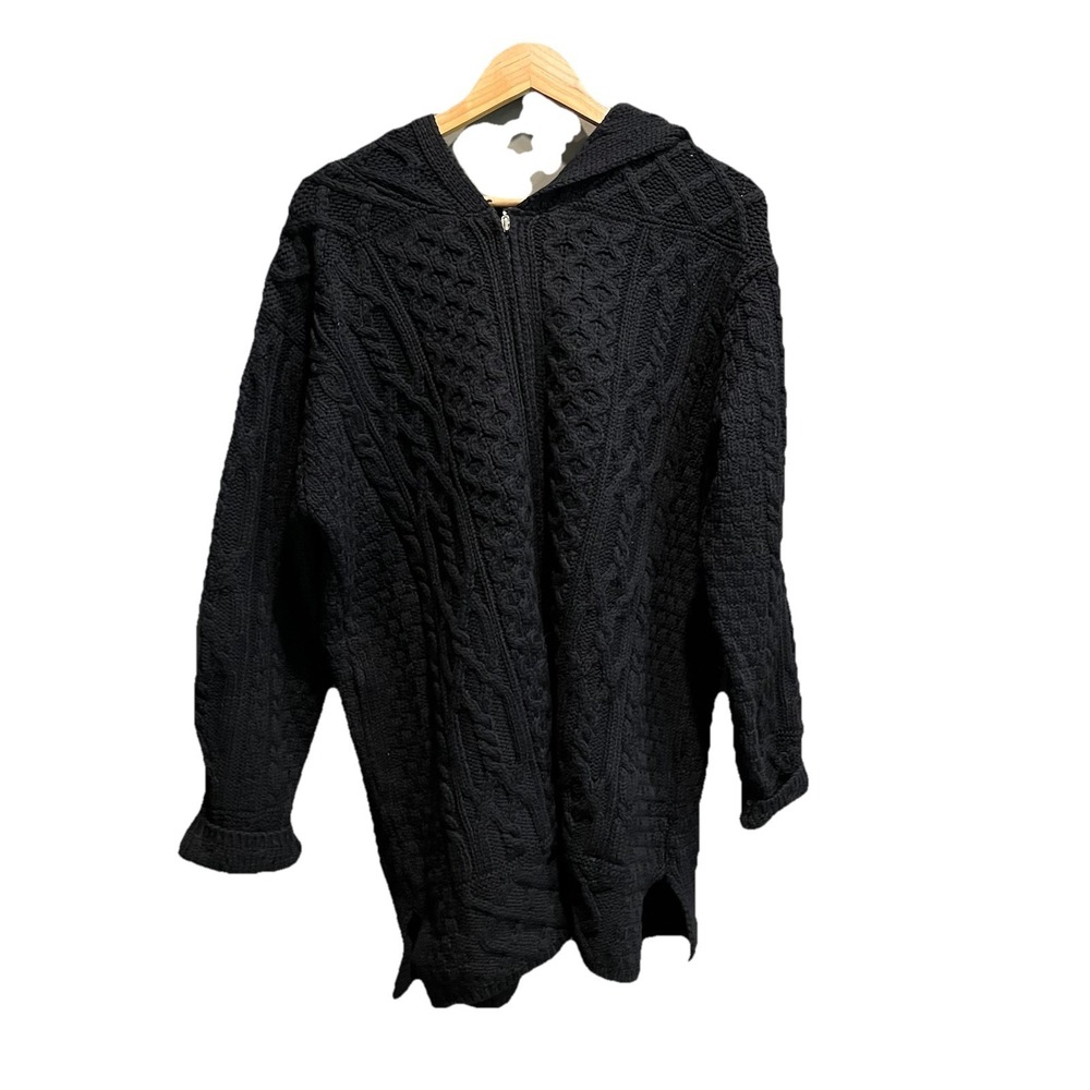 Aran‎ Crafts Black Knit Merino Wool Full Zip Men's Hooded Sweater Size Large